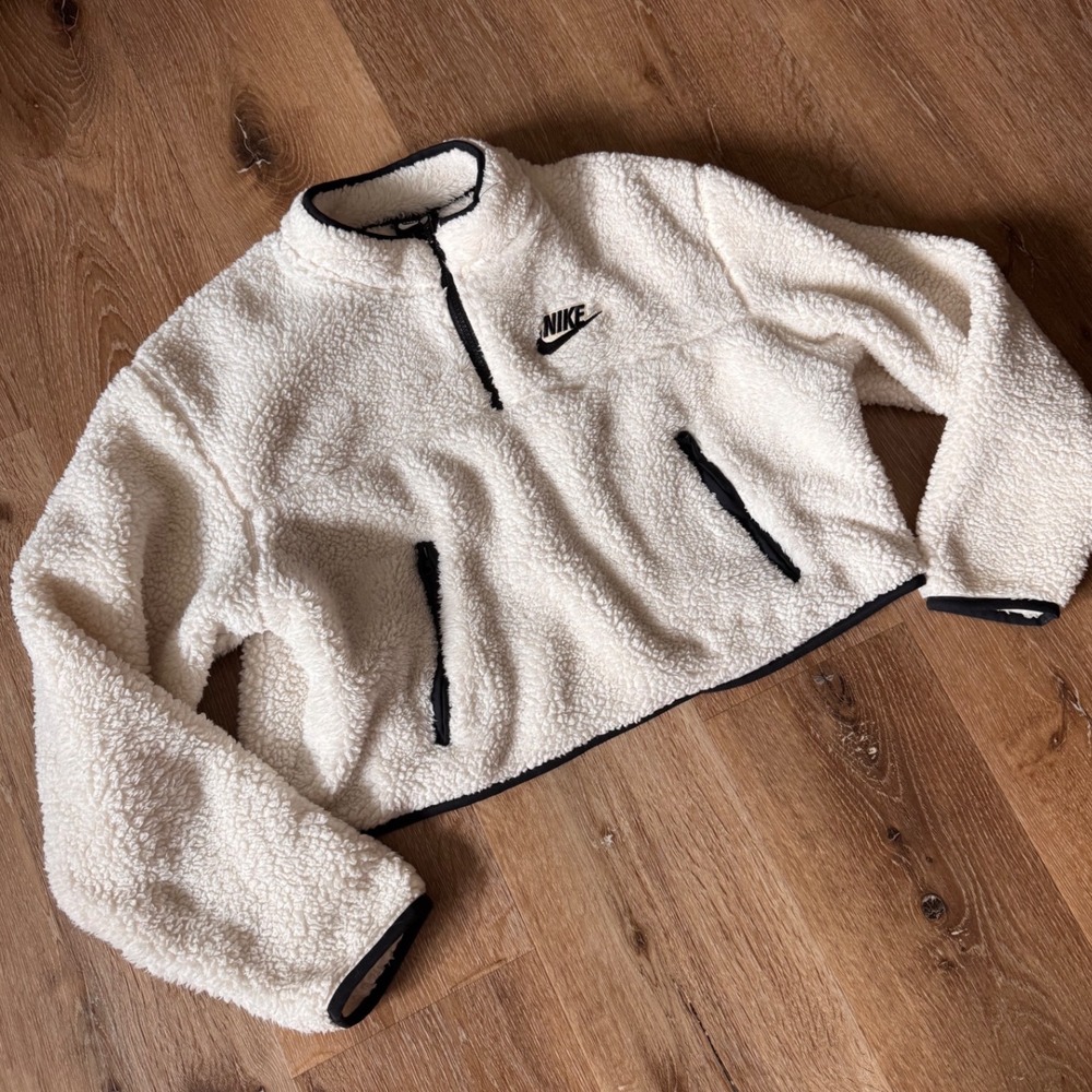 Nike Sherpa Plush Fleece Quarter Zip Crop Pullover Cream Black Medium BV5134-110 - Picture 5 of 8